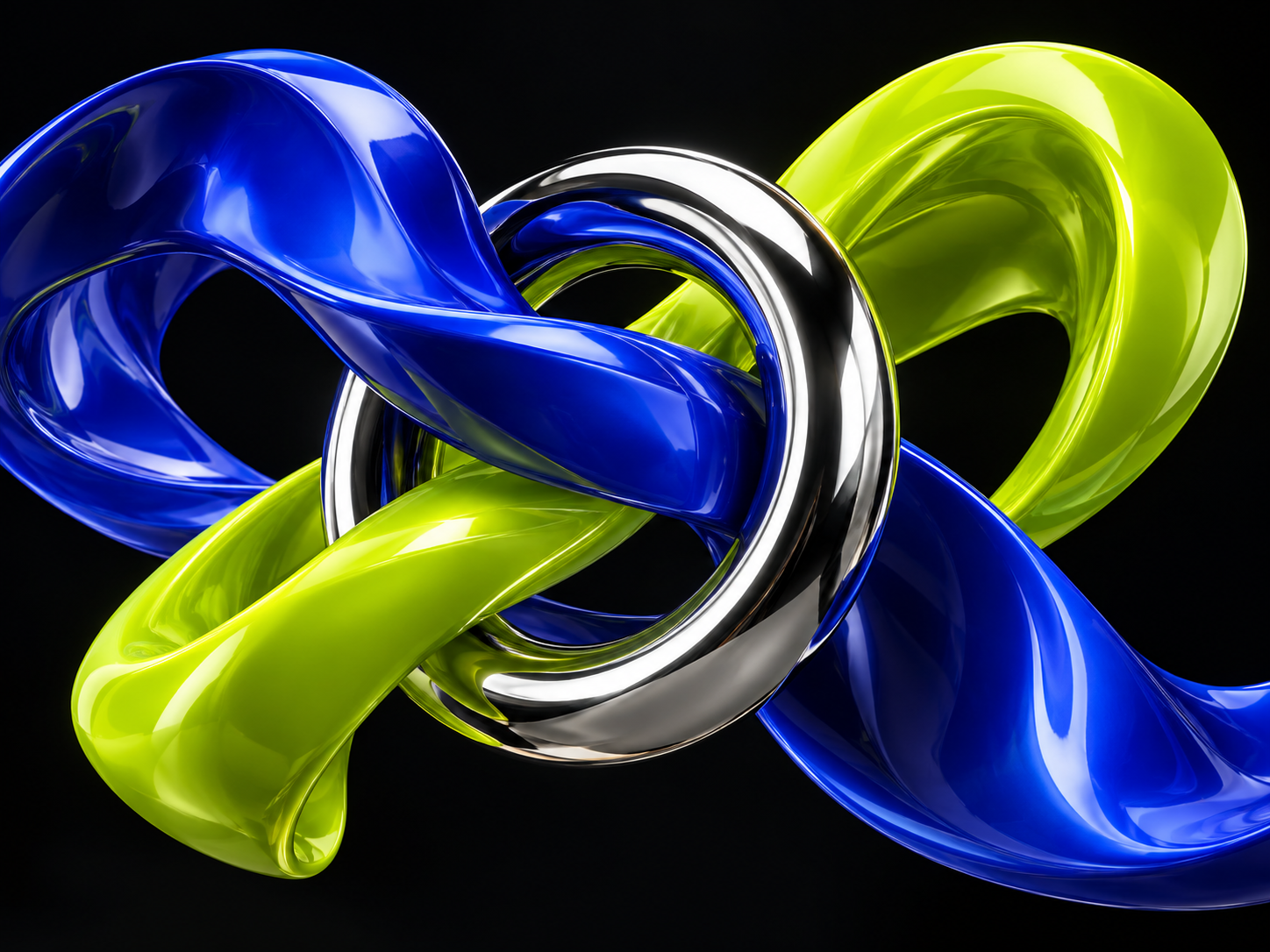 Sculptural cobalt and lime ribbons intertwined with a polished chrome ring